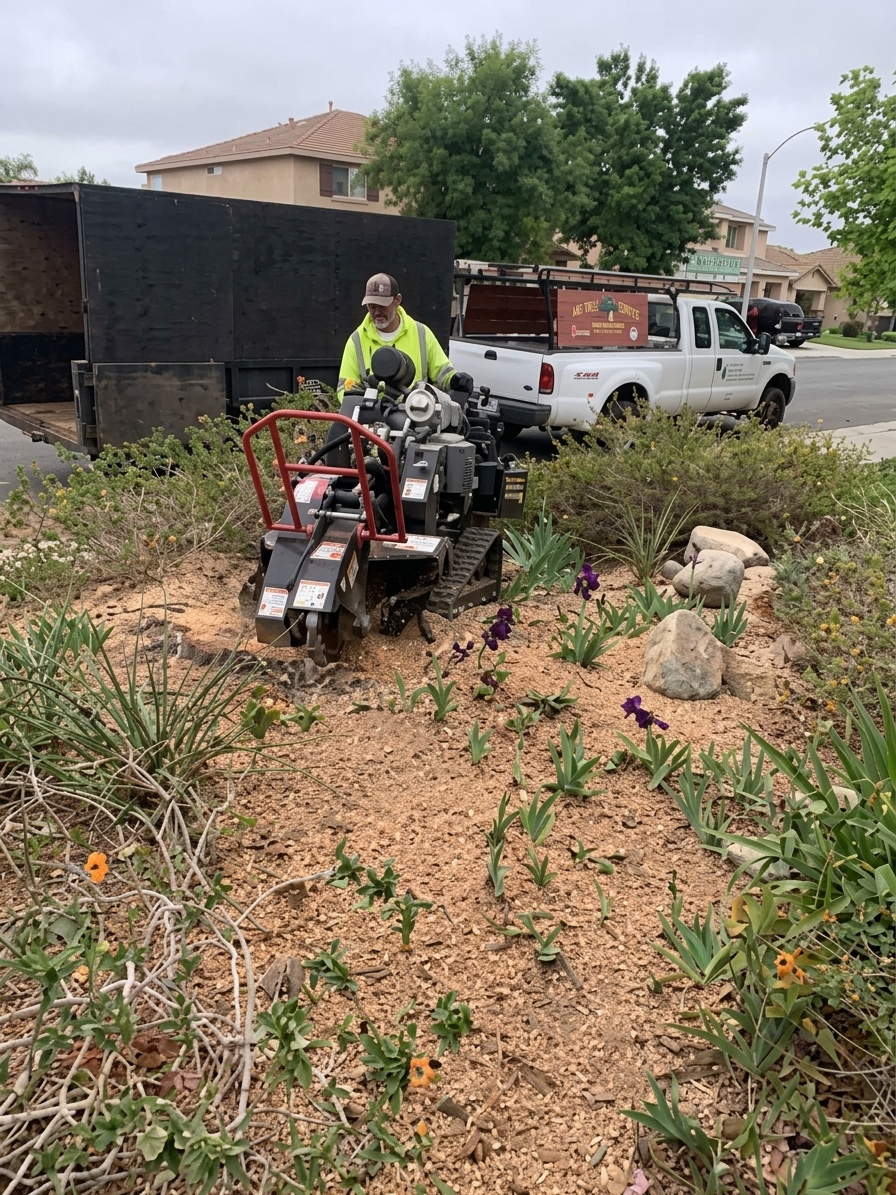 Hemet Tree Service worker operating a stump grinder in a landscaped yard